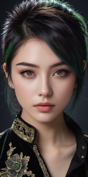 ((top quality)), ((masterpiece)), close portrait of a young gothic chinese girl with a  touch of punky, ((front view,)) With a black velvet unbuttoned shirt, with a rebellious appearance, black shaded eyes, green hair, intricate details, highly detailed light brown eyes, highly detailed mouth, cinematic image, illuminated by soft light,photo of perfecteyes eyes