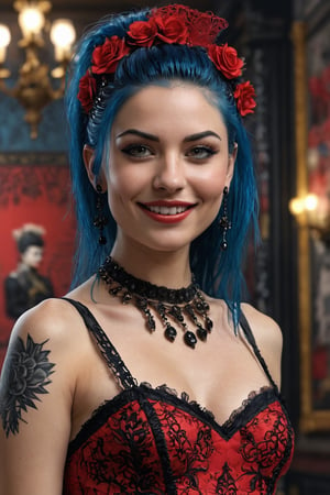 ((Generate hyper realistic image of a stunning  20 year old punk girl,)) ((With a smile and provocative gesture,)) rich intrincate detailed, ((red lace dress with black ornaments,)) long blue hair in semi-punk style with a ponytail, meaningful colors,16k resolution, masterpiece, highly complex setting,dynamic lighting, breathtaking, lovely photography style, frontal view, Extremely Realistic,cammystretch