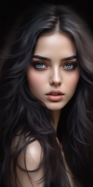 Generate hyper realistic close portrait of a beautiful girl, long messy black hair, dark bacground, very detailed beautiful eyes. Very detailed, provocative face, (dynamic provocative pose), soft colors artwork, hight detailed,