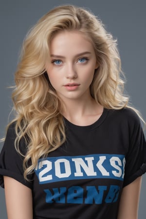 ((Generate hyper realistic close portrait of  captivating scene featuring a stunning 20 years old girl,)) with medium long blonde hair,  flowing curls,  frontal view, donning a jeans shorts and a black tee with sleeves rolled up and the text 25 K, arm raised over his forehead,  piercing, blue eyes, photography style , Extremely Realistic,  ,photo r3al