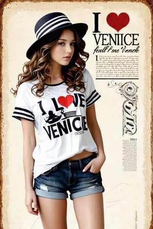 (An amazing and captivating abstract illustration:1.4),scene featuring a stunning 20 years old girl,)) with medium long brown hair, flowing curls, With a gondolier's hat, semi side view, donning a jeans shorts and a trendy slogan black and white horizontal stripes tee with sleeves rolled up, (wearing t-shirt:1.3), shorts, (grunge style:1.2), (frutiger style:1.4), (colorful and minimalistic:1.3), (2004 aesthetics:1.2),(beautiful vector shapes:1.3), with (the text "I LOVE VENICE!":1.1), text block. Venetian great canal, symbols, clouds, swirls, x \(symbol\), arrow \(symbol\), heart \(symbol\), sharp details, BREAK highest quality, detailed and intricate, original artwork, trendy, mixed media, vector art, vintage, award-winning, artint, SFW,gh3a