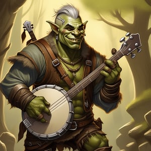 a handsome orc, ((tall and thin)) with short silver hair and small tusks and a wide smile, a banjo slung over his shoulder, 2d fantasy illustration,Magical Fantasy style,more detail XL