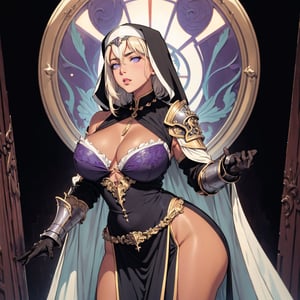 illustration of a milf nun, ((wearing ornate fantasy armor, large shoulder armor, pauldrons, gauntlets, chest armor, hip armor)), (thicc, curvy figure, small breasts, wide hips), (tan, dark skin), (purple eyes, platinum blond hair), ((art nouveau)), from the side, (dynamic angle), dramatic lighting, celestial theme, holding a glowing amulet, milfication, mature,