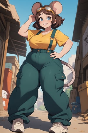 (masterpiece, best quality), hyperdetailed, detailed eyes, beautiful eyes, 1girl, (mouse girl), (mouse ears, mouse tail), beautiful face, smiling, brunette, short hair, big hair, messy hair, (side locks).goggles on head, mechanic suspenders, ((baggy pants, oversized pants)), ((shortstack, curvy, plump)), cartoon painting, ((dynamic angle)),