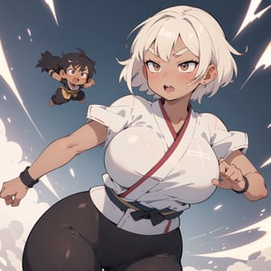 anime illustration of a cute chubby martial artist girl, fighting stance, ((shortstack, curvy figure, overweight, large breasts, thicc)), short hair, thick eyebrows, ((tan, tanned skin)), dynamic pose in the air, ((dynamic angle)), dougi, short sleeves, wide belt obi,