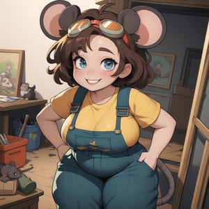 (masterpiece, best quality), hyperdetailed, detailed eyes, beautiful eyes, 1girl, (mouse girl), (mouse ears, mouse tail), beautiful face, smiling, brunette, short hair, big hair, messy hair, (side locks).goggles on head, mechanic suspenders, ((baggy pants, oversized pants)), ((shortstack, curvy, plump)), cartoon painting, ((dynamic angle)),
