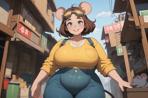 (masterpiece, best quality), hyperdetailed, detailed eyes, beautiful eyes, 1girl, (mouse girl), (mouse ears, mouse tail), beautiful face, smiling, brunette, short hair, big hair, messy hair, (side locks).goggles on head, mechanic suspenders, ((baggy pants, oversized pants)), ((shortstack, curvy, plump)), cartoon painting, (dynamic angle),