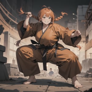 a smiling martial arts monk woman, chubby with baggy clothing, big and messy orange hair in two large braids, full body action pose, 2D illustration