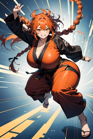 a smiling martial arts monk woman, (chubby thicc) with baggy clothing, big and messy orange hair in two large braids, full body action pose, 2D illustration, ((dynamic angle))