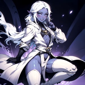 femboy, goth, elf, ((drow, colored skin, dark skin)), white hair, tall, wide hips, thick thighs, petite, (((flat chest))), full lips, wide smile, happy, 

((white outfit)), (((white robes, knee high boots))), (crotch bulge), black makeup, black lipstick,

blushing, confident pose, in a dark dungeon, drow, otoko_no_ko, ((dynamic angle, dynamic pose)), 