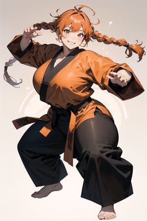 a smiling martial arts monk woman, chubby thicc with baggy clothing, big and messy orange hair in two large braids, full body action pose, 2D illustration
