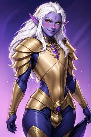 masterpiece, best quality, 1girl, femboy, (mature), solo, blush, ((flat chest)), gold eyes, long white hair, ((bulge)), purple skin, elf ears, curvy, wide hips, gold knight armor, looking at viewer, smiling, closeup, fantasy background, drow
