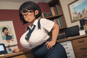 (masterpiece, best quality), hyperdetailed, detailed eyes, beautiful eyes, 1girl, tanned, tan skin, beautiful face, black hair, (short hair, pixie cut, tomboy hair), thick red glasses, orange eyes, button up shirt, long skirt, suspenders, ((shortstack, curvy, plump)), cartoon painting, in an office, ((dynamic angle)), from behind,