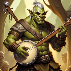 a handsome orc, tall and thin with short silver hair and small tusks and a wide smile, a banjo slung over his shoulder, 2d fantasy illustration,Magical Fantasy style,more detail XL