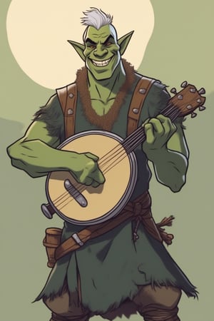 a handsome orc, tall and thin with short silver hair and small tusks and a wide smile, a banjo slung over his shoulder, 2d fantasy illustration
