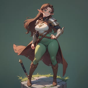 masterpiece,  best quality, fantasy style, (mature female,  curvy figure,  wide hips),  elf ears,  pale skin, tall, long brown hair,  smirk, fantasy style, green leather armor with a skirt,  leggings, over the knee boots, daggers in holster, medieval fantasy background, perfect hands and fingers, drow