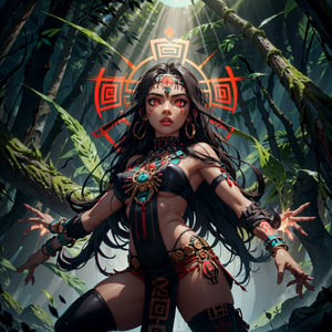 Masterpiece, ultra hd, 8k,  (red eyes), (bright eyes:1.2), (brownskin), glowing red eyes, perfect figure, finely detailed_body, one female, aztec woman, (solo), very long hair, (black hair), aztec clothes, aztec goddess, aztec tattoos,  |  ((dynamic angle, dynamic pose)), detailed background, Glowing Runes, sunshine, jungle, Detailed face,
