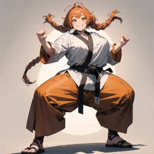 a smiling martial arts monk woman, chubby thicc with baggy clothing, big and messy orange hair in two large braids, full body action pose, 2D illustration
