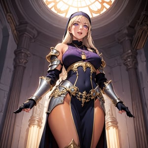 illustration of a milf nun, ((wearing ornate fantasy armor, large shoulder armor, pauldrons, gauntlets, chest armor, hip armor)), (thicc, curvy figure, small breasts, wide hips), (tan, dark skin), (purple eyes, short platinum blond hair), happy, excited, ((art nouveau)), (dynamic angle), (from behind, POV, from below), dramatic lighting, celestial theme, holding a glowing amulet, milfication, mature,