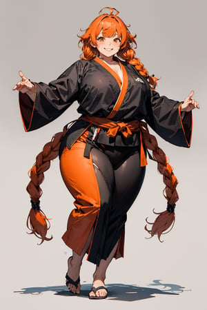 a smiling martial arts monk woman, (chubby thicc) with baggy clothing, big and messy orange hair in two large braids, full body action pose, 2D illustration