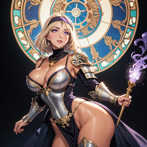 illustration of a milf nun, ((wearing ornate fantasy armor, large shoulder armor, pauldrons, gauntlets, chest armor, hip armor)), (thicc, curvy figure, small breasts, wide hips), (tan, dark skin), (purple eyes, short platinum blond hair), happy, excited, ((art nouveau)), from the side, (dynamic angle), dramatic lighting, celestial theme, holding a glowing amulet, milfication, mature,
