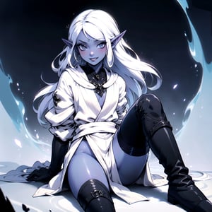 femboy, goth, elf, ((drow, colored skin, dark skin)), white hair, tall, wide hips, thick thighs, petite, (((flat chest))), full lips, wide smile, happy, 

((white outfit)), (((white robes, knee high boots))), (crotch bulge), black makeup, black lipstick,

blushing, confident pose, in a dark dungeon, drow, otoko_no_ko, ((dynamic angle)), 