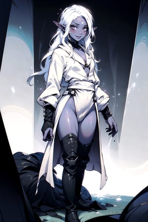 femboy, goth, elf, ((drow, colored skin, dark skin)), white hair, tall, wide hips, thick thighs, petite, (((flat chest))), full lips, wide smile, happy, 

((white outfit)), (((white robes, knee high boots))), (crotch bulge), black makeup, black lipstick,

blushing, confident pose, in a dark dungeon, drow, otoko_no_ko, ((dynamic angle)), 