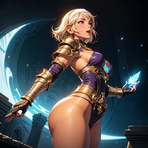 illustration of a milf nun, ((wearing ornate fantasy armor, large shoulder armor, pauldrons, gauntlets, chest armor, hip armor)), (thicc, curvy figure, small breasts, wide hips), (tan, dark skin), (purple eyes, short platinum blond hair), happy, excited, ((dynamic angle, from behind, POV, from below)), dramatic lighting, celestial theme, holding a glowing amulet, milfication, mature,