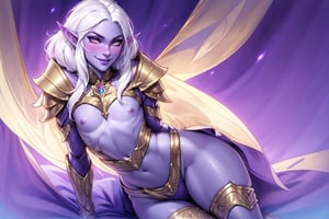 masterpiece, best quality, 1girl, femboy, (mature), solo, blush, ((flat chest)), gold eyes, long white hair, ((bulge)), purple skin, elf ears, curvy, wide hips, gold knight armor, revealing clothing, looking at viewer, smiling, closeup, fantasy background, drow