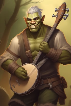 a handsome orc, tall and thin with short silver hair and small tusks and a wide smile, a banjo slung over his shoulder, 2d fantasy illustration,Magical Fantasy style