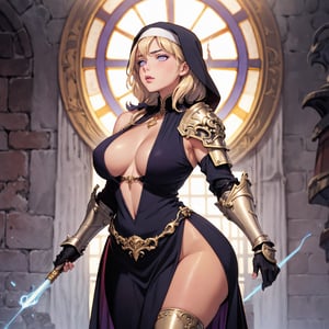 illustration of a milf nun, ((wearing ornate fantasy armor, large shoulder armor, pauldrons, gauntlets, chest armor, hip armor)), (thicc, curvy figure, small breasts, wide hips), (tan, dark skin), (purple eyes, platinum blond hair), ((art nouveau)), from the side, (dynamic angle), dramatic lighting, celestial theme, holding a glowing amulet, milfication, mature,