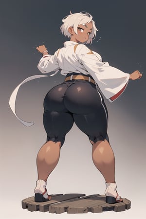 anime illustration of a cute chubby martial artist girl, fighting stance, ((shortstack, curvy figure, overweight, large breasts, thicc)), short hair, thick eyebrows, ((tan, tanned skin)), fighting stance, (full body), dougi, wide sleeves, wide belt obi, (from behind),