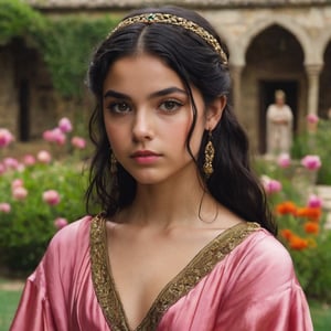 teenage girl, 13 year old, round face, olive skintone, spanish, raven black hair, big lips, heavy upper lip, triangular chin, dimpled chin, sad face, big eyes, almond eyes, onyx eye color, small nose, upturned nose, rosy cheeks, medieval movie screenshot, Spanish princess, 13 year old, with raven black hair in up-do, olive skintone, wearing pink hot weather silken persian-inspired, deep neckline, a golden chains Arabic headpiece, looking at the camera sadly, standing straight, medieval garden with exotic flowers