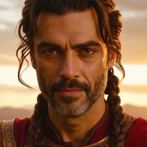 man in his 30s, ((brown hair)), spanish, natural eyebrows, full lips, brown eyes, high cheekbones photorealistic, proud gaze, beard, (smirking:1.2), (oscar isaac:0.8), (claudia doumit:0.4), medieval fantasy movie screenshot, spanish prince in his 40s, long brown hair up to waist braided into small braids with red beads, wearing red silken kaftan and golden armour plates over it, golden belt, holding a golden spear, smirking, ((looking at the camera)), sunset over the red mountains background, mysterios and usettling vibes