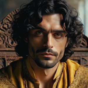 man in his 20s, ((raven black wavy hair)), spanish, natural eyebrows, thin lips, brown eyes, high cheekbones photorealistic, proud gaze, beard, (oscar isaac:0.4), 
medieval movie screenshot, Spanish prince, 20 year old, with raven black curly hair, wearing yellow hot weather silken persian-inspired kaftan embroidered with golden suns, looking at the camera sadly, siting on a medieval massive chair, dimly it room