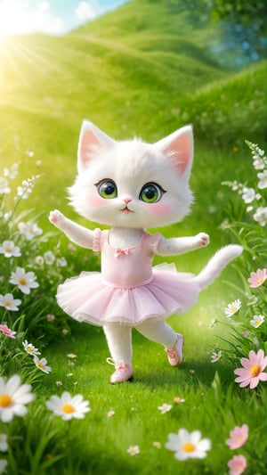 A cute and fluffy and adorable white kitten big eyes wearing Ballet clothes and shoes, dancing gracefully on the grass land, Green grasses land, wild flowers bloom. so sweet and enjoy. A fluffy beautiful little kitten ballerina, flowers blooming fantastic bokeh background.