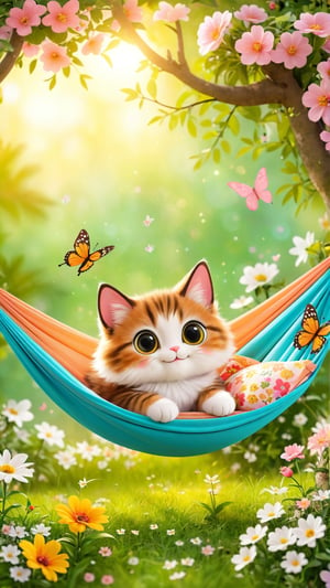 Side view shot, Flowers bloom, Spring style, A cute, furry, big-eyed little cat is lying on a portable hammock with a built-in mosquito net. It is enjoying the leisure time. It is smiling and happy. butterfly around the there, flowers bloom bokeh background.