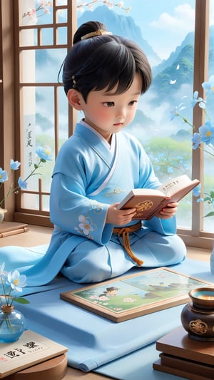 A five-year-old Chinese boy, one boy, wearing light blue Hanfu, very cute, perfect and beautiful face, He just to reading, There is an inkstone, ink, and papers on the desk. The flowers are blooming outside the window, beautiful and dreamy, Pixar style.,dashataran