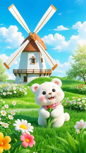 Blue sky and white clouds, green grass, a windmill stands on the grass, the breeze blows, the windmill rotates, flowers bloom, a cute white furry little white bear smiles and stands on the grass picking flowers, with blooming flowers as the background