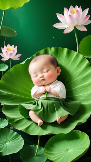 A little chubby adprab;e little baby sleeping on a lotus leaf. This full body portrait depicts the baby wearing a white shirt and green skirt, with large leaves in front of her and lotus flowers behind his head. The background is simple, The skin texture is rendered super realistically and the expression appears natural, with high definition details throughout the ultrahigh resolution image. Lotus Pond water 