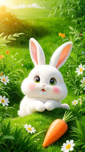 A cute and fluffy and adorable white rabbit big eyes lying on the grass land,  huging carrots, Green grasses land, wild flowers bloom. so sweet and enjoy. carrots.
