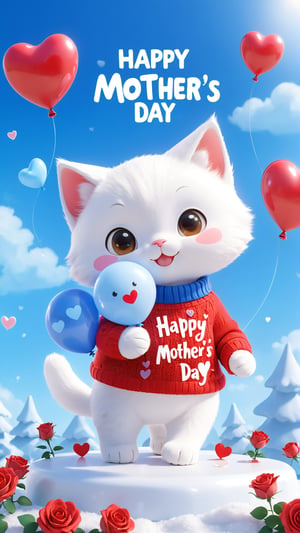 A warm and vibrant 3D rendering of a chibi cute furry white kitten wearing a red sweater and matching blue sneakers. He held a bouquet of roses and a heart-shaped balloon with ((( "Happy Mother's Day" )))written in elegant fonts. The little hearts surrounding it add to the sweetness of the scene. The snowy background, warm colors, and cozy atmosphere create a feeling of happiness and love. Meticulous attention to detail and attention to typography make it a captivating poster or photo, perfect for brightening any space.