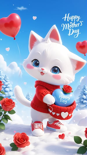 A warm and vibrant 3D rendering of a chibi cute furry white kitten wearing a red sweater and matching blue sneakers. He held a bouquet of roses and a heart-shaped balloon with "Happy Mother's Day" written in elegant fonts. The little hearts surrounding it add to the sweetness of the scene. The snowy background, warm colors, and cozy atmosphere create a feeling of happiness and love. Meticulous attention to detail and attention to typography make it a captivating poster or photo, perfect for brightening any space.