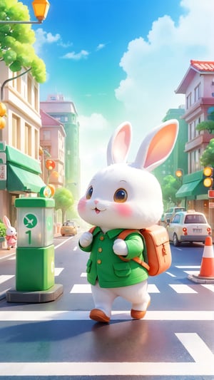 Chibi mascot includes the best quality, Beautiful soft light, Tqo little rabbits have become much sensible. It began to take the initiative to abide by traffic rules, stop waiting for green lights, polite pedestrians, and protect the safety of themselves and others,Watercolor children's illustration style,high detail, ultra clear 8k,c4d, city style