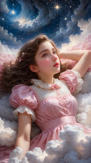 (masterpiece, top quality, best quality, official art, beautiful and aesthetic:1.2), (1girl:1.4), extreme detailed, a girl wearing pink and white dress lying on a cloud, through a starry night, captured in the style of William-Adolphe Bouguereau