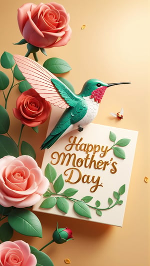A stunning 3D render of a beautifully designed note, with elegant text that reads "Happy Mother's Day" The note features a delightful hummingbird drawing on a leaf, accompanied by a charming rose. The illustration is intricately detailed, with a sophisticated and cinematic style. The overall aesthetic of the image is both fashionable and artistic, perfect for a poster or photo.