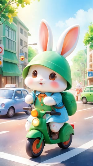 Chibi mascot includes the best quality, Beautiful soft light, the little rabbit has become much sensible. It began to take the initiative to abide by traffic rules, stop waiting for green lights, polite pedestrians, and protect the safety of themselves and others,Watercolor children's illustration style,high detail, ultra clear 8k,c4d,
