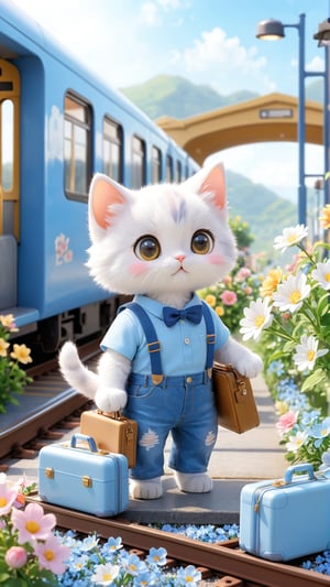 Flowers bloom, On the train station platform, a scene of blooming flowers, a train stopped in front of the station, a cute furry kitten with big eyes, wearing light blue and white T-shirt and suspender jeans, holding a suitcase and preparing to board the train, depth_of_field, flowers bloom bokeh background, movie scene style, realistic high quality.