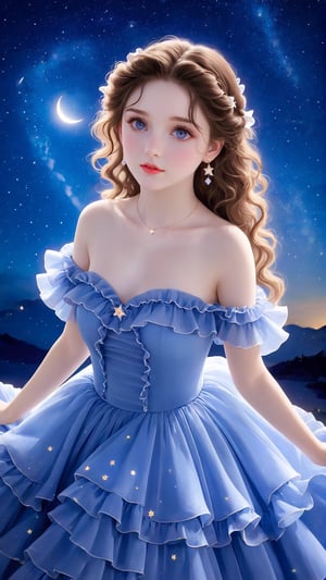 Masterpiece, best, 1 girl, solo, ((extremely exquisite and beautiful)), beautiful long dress with ruffles, Do not sexy, normal dress, Italian girl, 18 years old, milky white skin, beautiful and delicate eyes, night, beautiful starry sky,