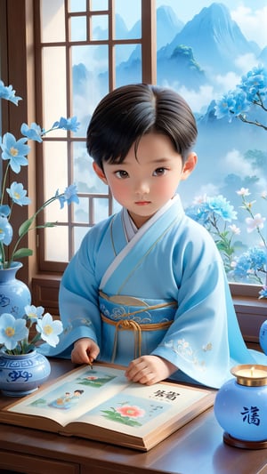 A five-year-old Chinese boy, one boy, wearing light blue Hanfu, very cute, perfect and beautiful face, He just to reading, There is an inkstone, ink, and papers on the desk. The flowers are blooming outside the window, beautiful and dreamy,  lamps lighting soft, vase, Pixar style.,dashataran